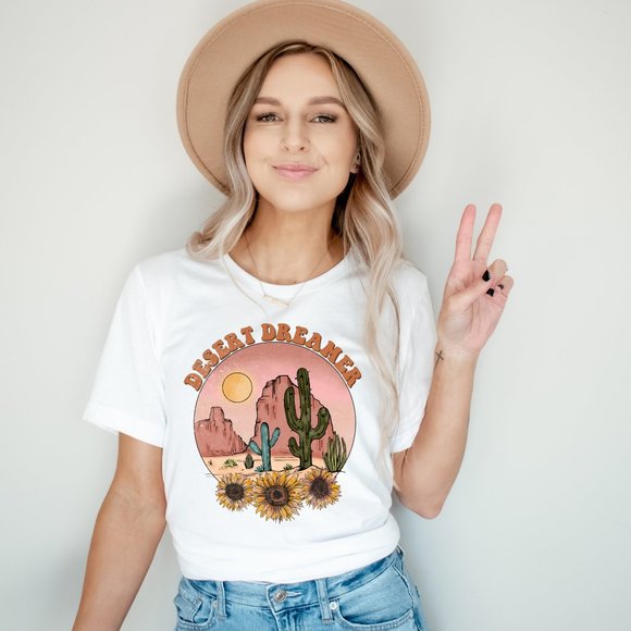 Desert Dreamer Floral Graphic T-shirt Boho Western Unisex Cotton Short Sleeve - Picture 3 of 4